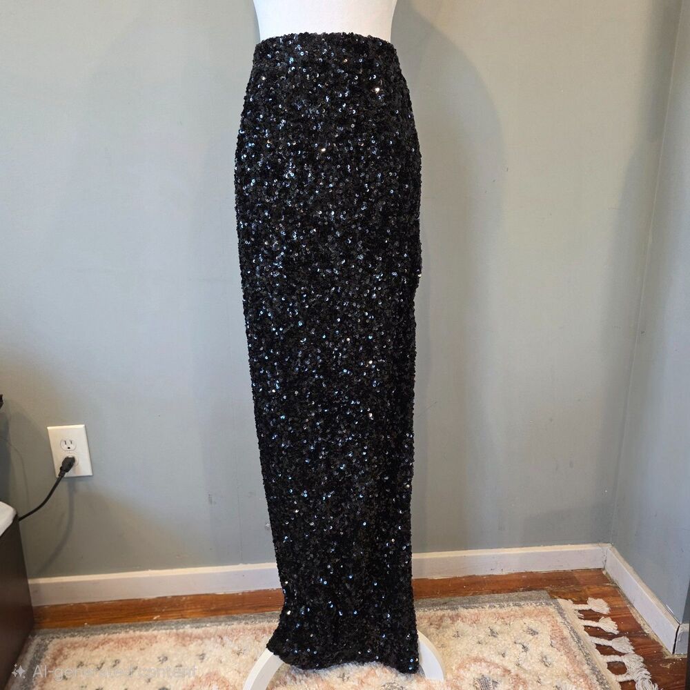 NWT RebDolls Black Sequin Maxi Skirt. Lg. Glam Wedding Guest Formal Cocktail